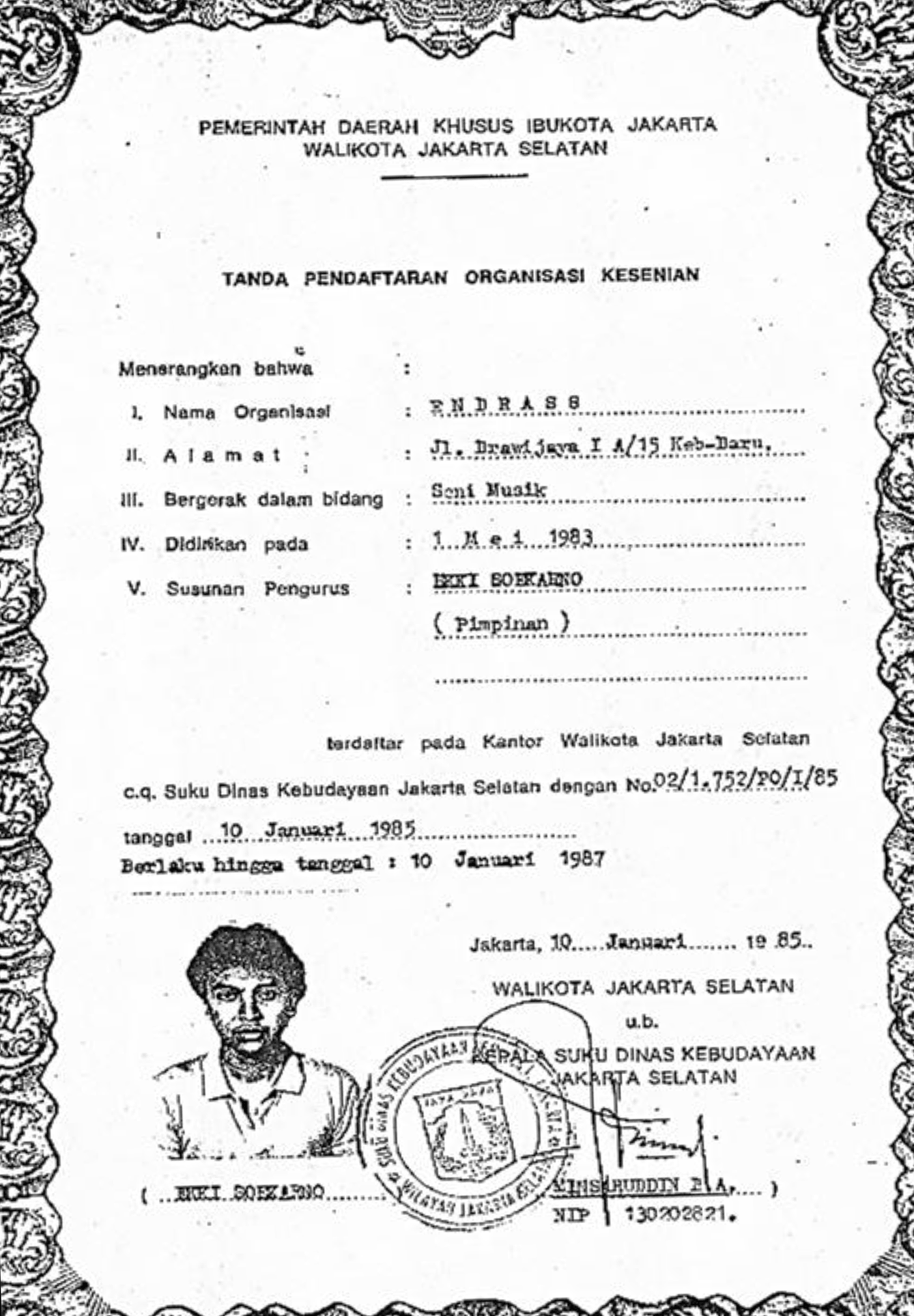 Tanda Daftar Organisasi Kesenian ENDRASS