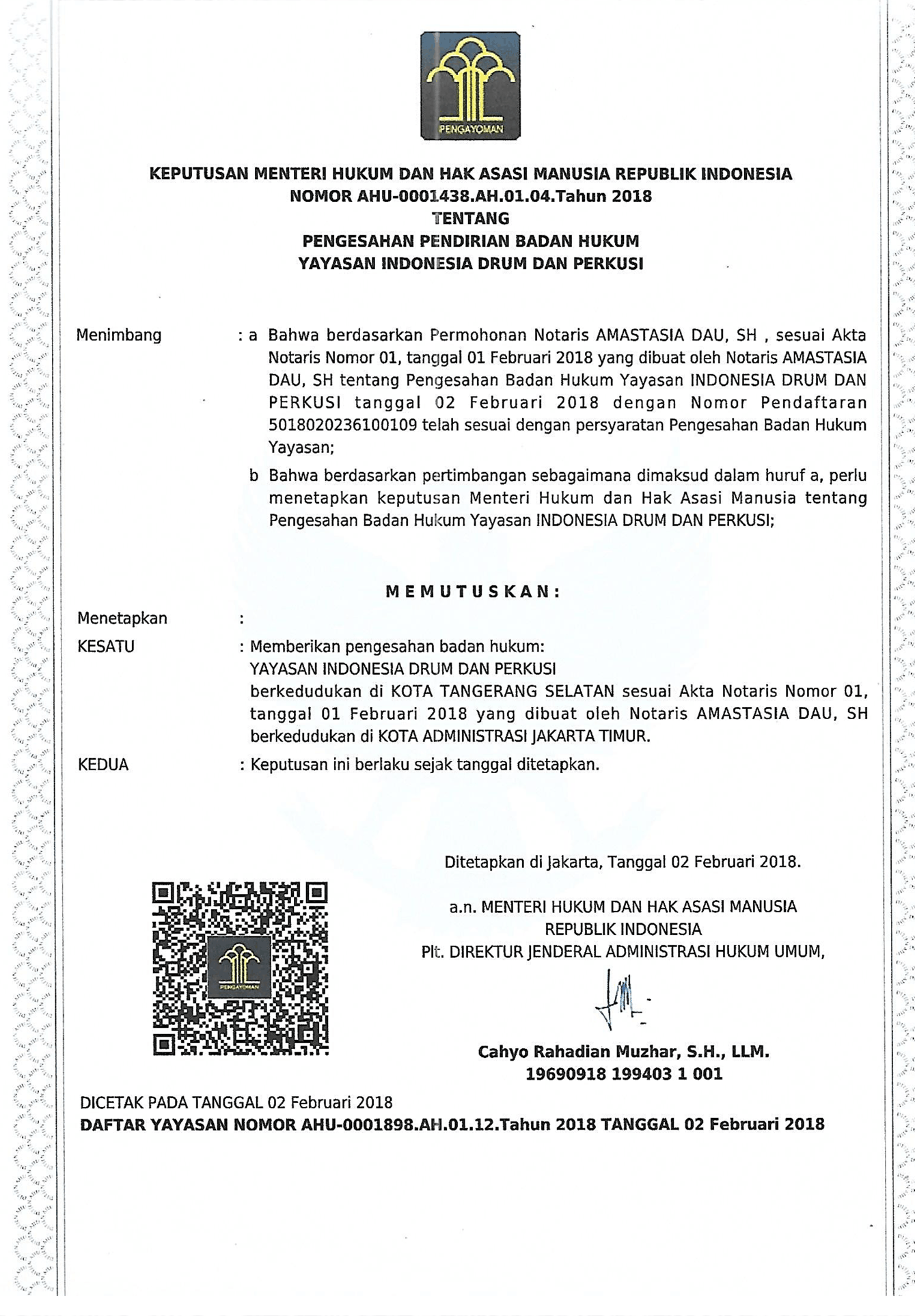 Pengesahan Pendirian Badan Hukum Yayasan Indonesia Drum dan Perkusi
